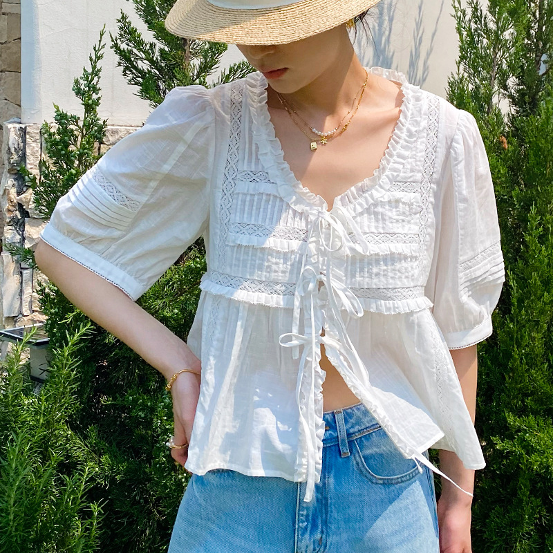 French Riviera Breathable Cotton Lace Ruffled Tie Front Womens Blouse