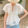 French Riviera Broderie Anglaise White Cotton Womens V Neck Blouse