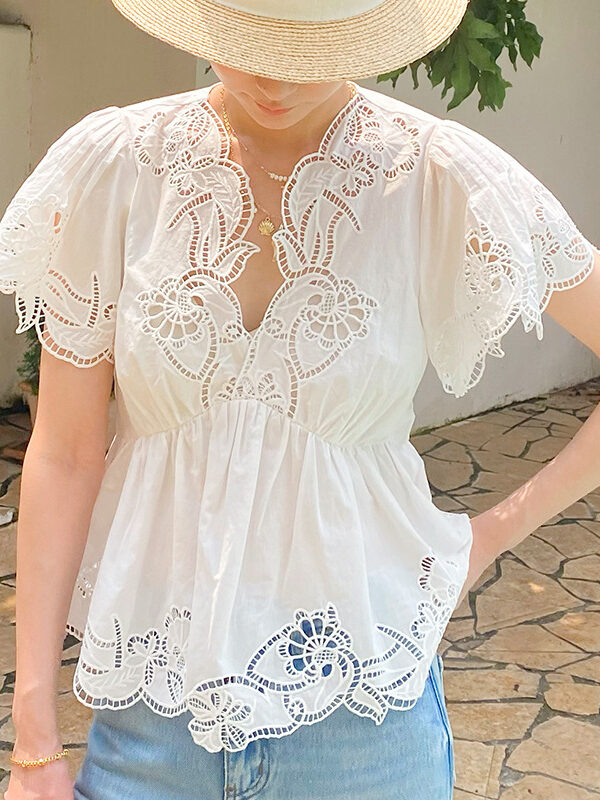 French Riviera Broderie Anglaise White Cotton Womens V Neck Blouse