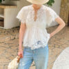 French Riviera Broderie Anglaise White Cotton Womens V Neck Blouse