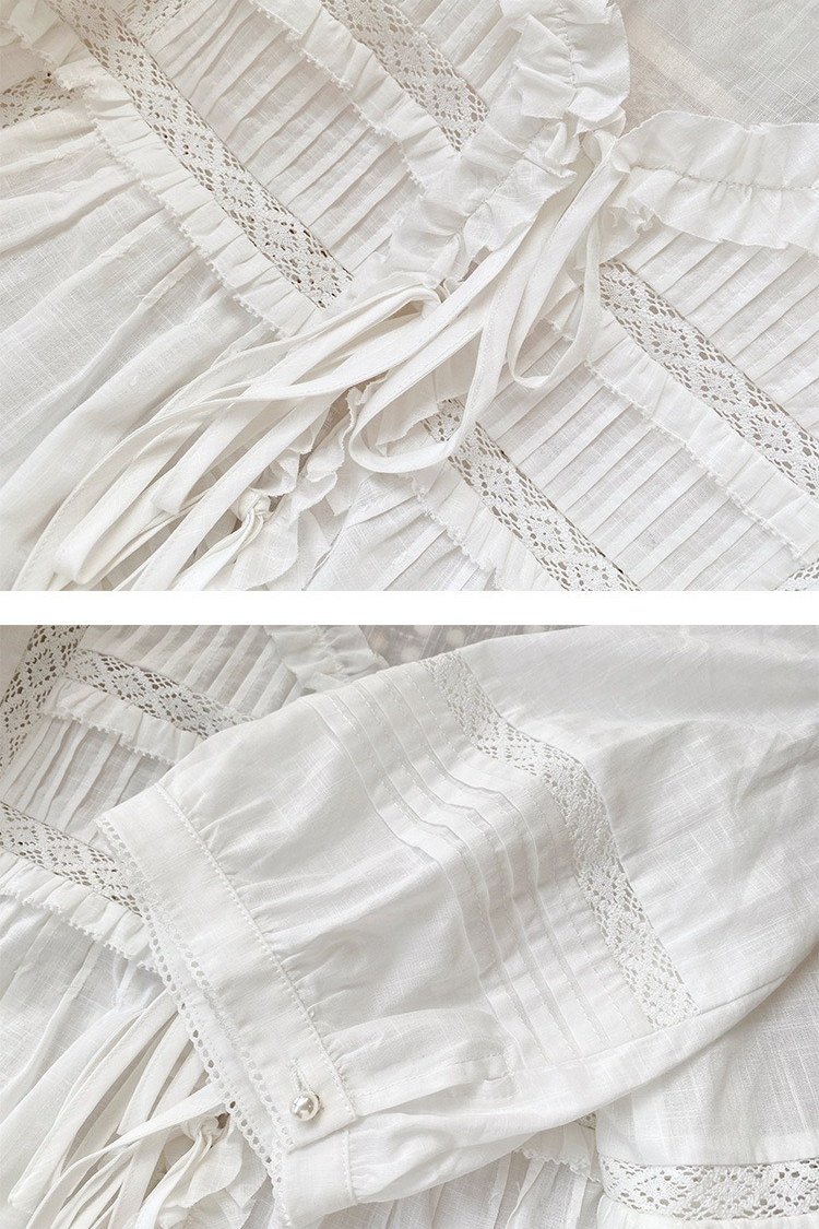 French Riviera Breathable Cotton Lace Ruffled Tie Front Womens Blouse