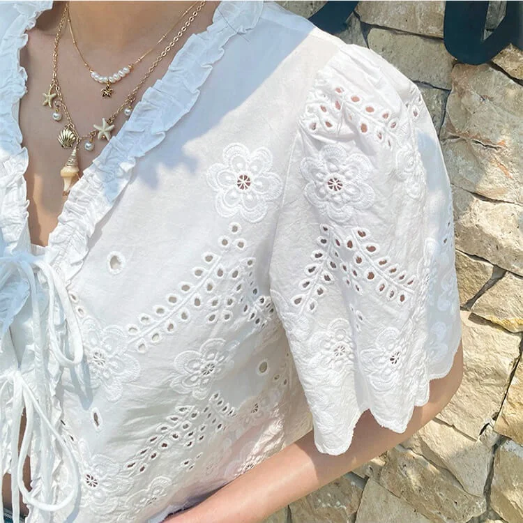 French Riviera Cotton Broderie Anglaise Womens Short Sleeve Blouse