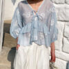 French Riviera Scalloped Floral Embroidered Cotton Blend Womens Blouse