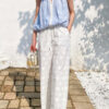 French Riviera Embroidered Breathable Cotton Womens Wide Leg Trousers