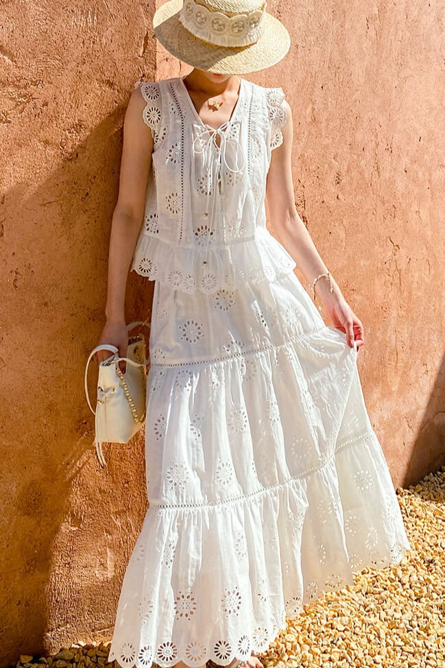 French Riviera Broderie Anglaise White Cotton Women Summer Top