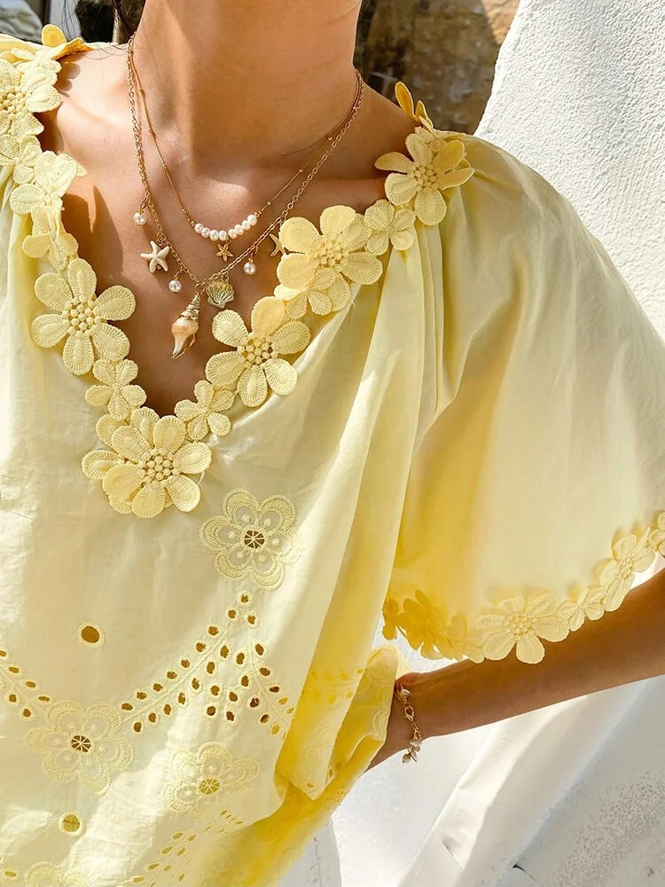 French Riviera Floral Broderie Anglaise Breathable Cotton Women Blouse