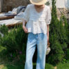 French Riviera Breathable Cotton Lace Ruffled Tie Front Womens Blouse