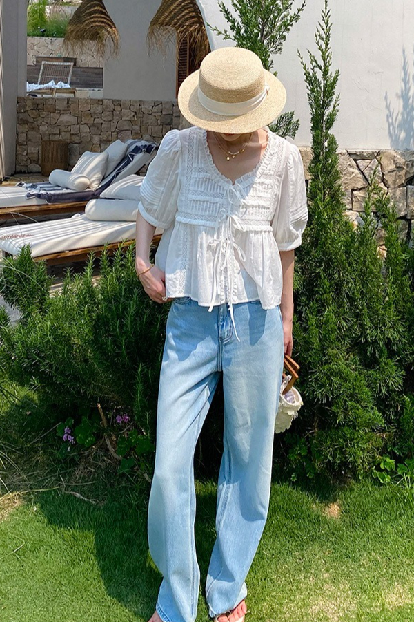French Riviera Breathable Cotton Lace Ruffled Tie Front Womens Blouse