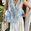 French Riviera Scalloped Floral Embroidered Cotton Blend Womens Blouse