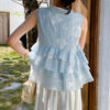 French Riviera Scalloped Floral Embroidered Cotton Blend Womens Blouse