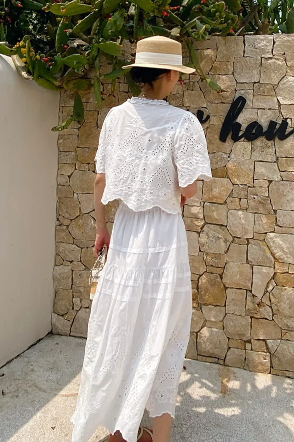 French Riviera Cotton Broderie Anglaise Womens Short Sleeve Blouse