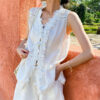 French Riviera Scalloped Lace Lyocell Linen Womens Sleeveless Blouse