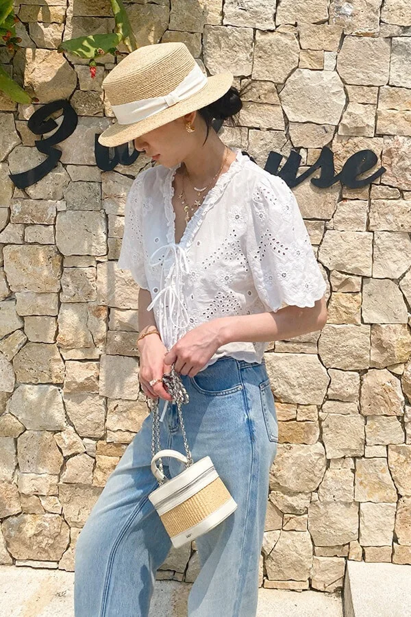 French Riviera Cotton Broderie Anglaise Womens Short Sleeve Blouse