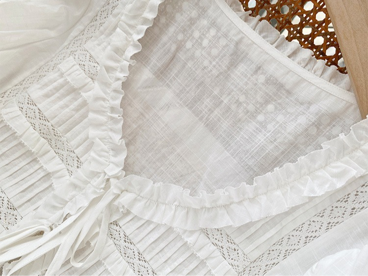 French Riviera Breathable Cotton Lace Ruffled Tie Front Womens Blouse