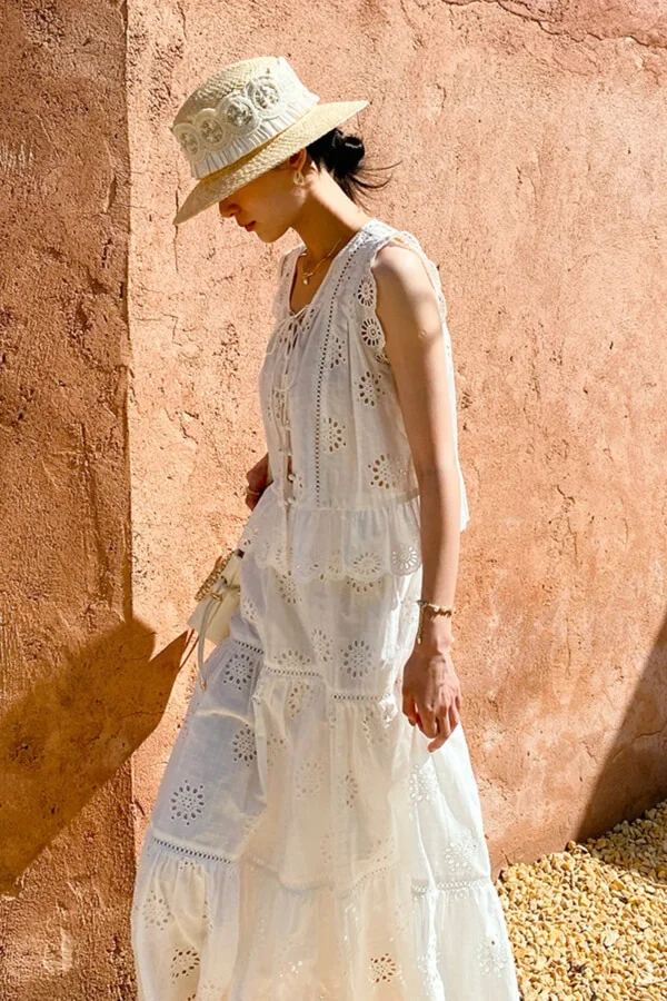 French Riviera Broderie Anglaise White Cotton Women Summer Top