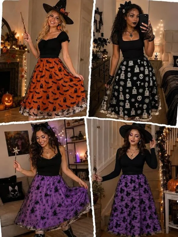 Halloween Flocked Print Tulle Womens Midi Skirt