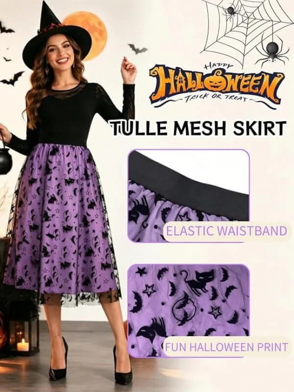 Halloween Flocked Print Tulle Womens Midi Skirt