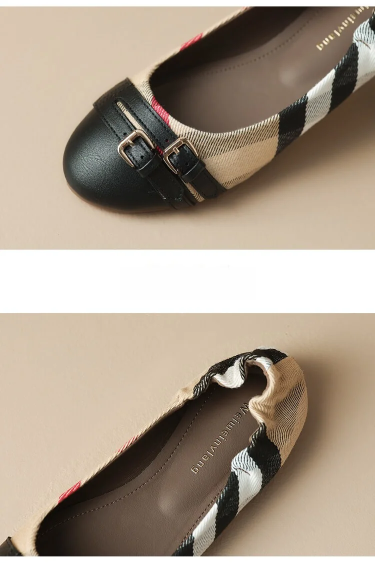 French Riviera Check Buckled Cap Toe Womens Slip On Ballet Pumps
