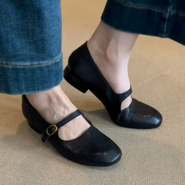 Modern Minimalist Sheepskin Low Heel Buckle Strap Womens Mary Janes