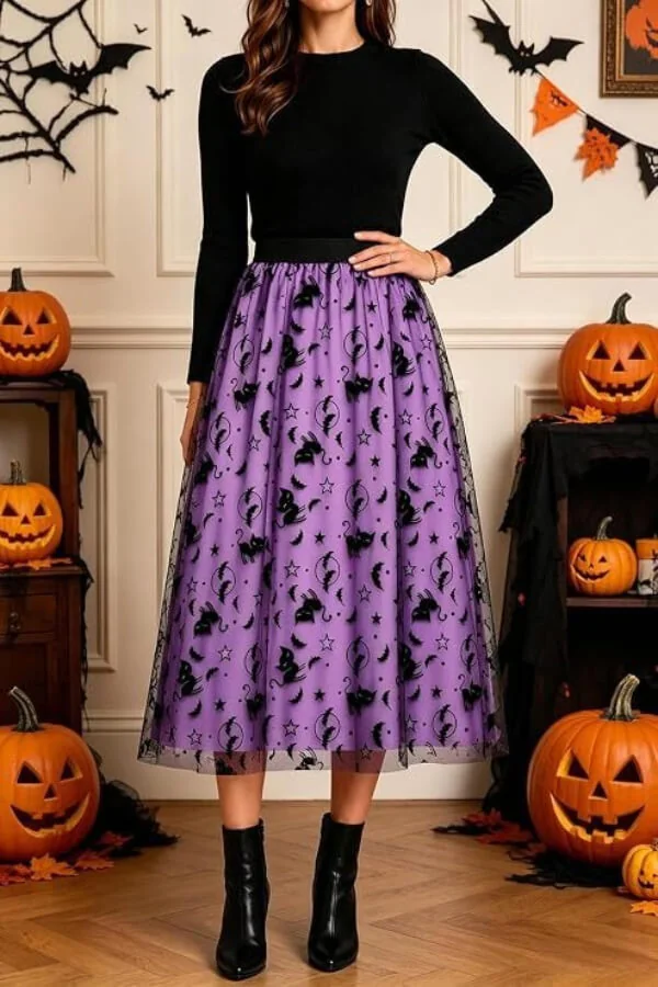 Halloween Flocked Print Tulle Womens Midi Skirt