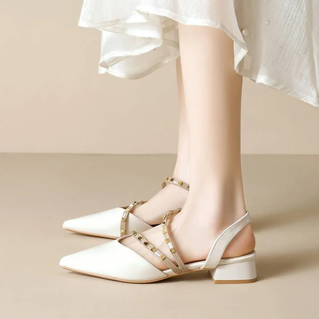 Casual Chic Studded Microfibre Womens Pointed Toe Block Heel Slingback