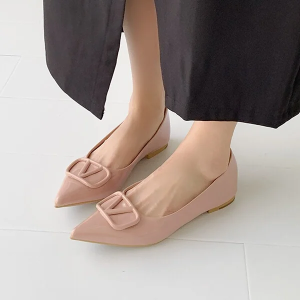 French Riviera Patent Microfibre V Buckle Ladies Pointed Toe Flats