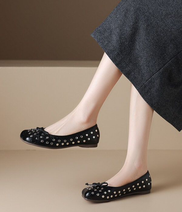 French Riviera Patent Studded Bow Square Toe Womens Black Ballet Flats