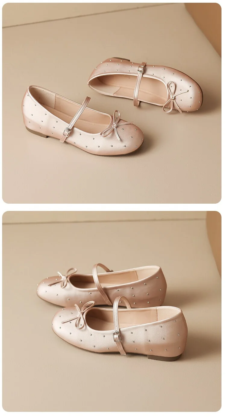 French Chic Satin Crystal Studded Bow Womens Mary Jane Ballet Flats