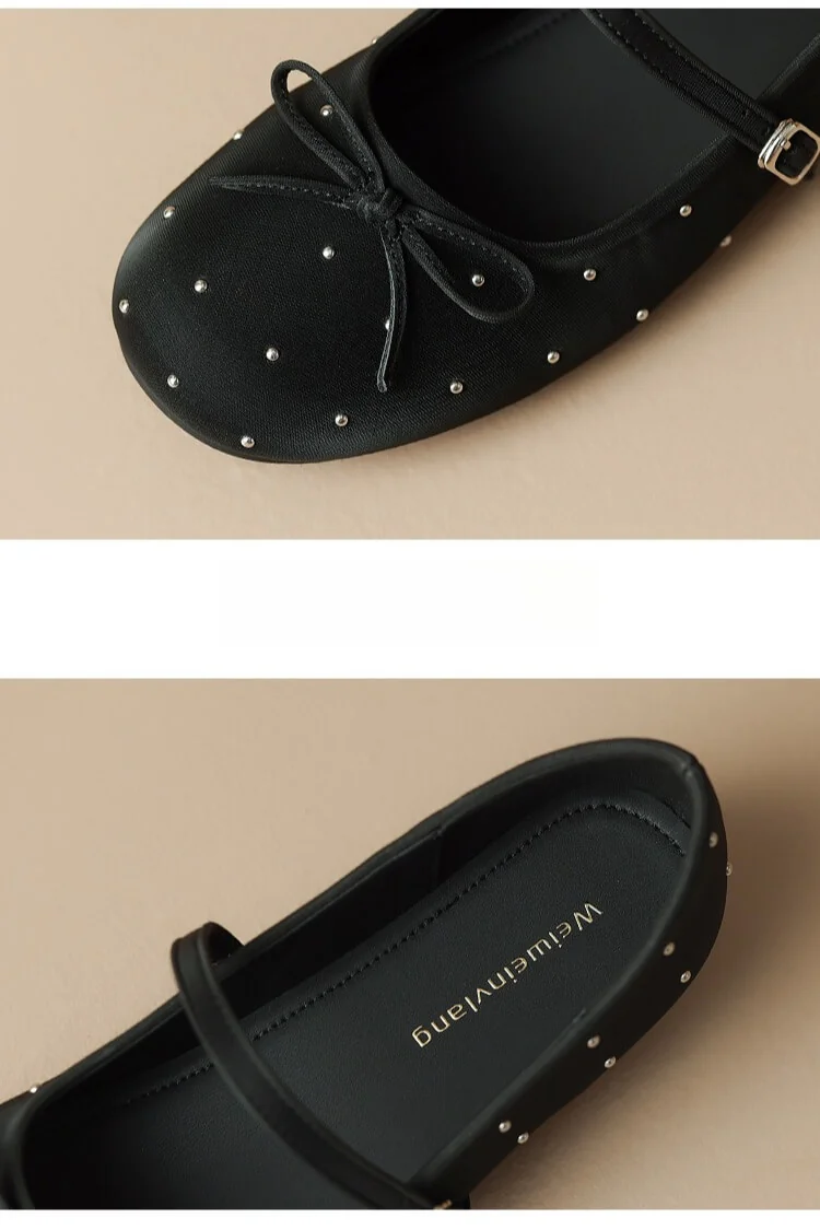 French Chic Satin Crystal Studded Bow Womens Mary Jane Ballet Flats