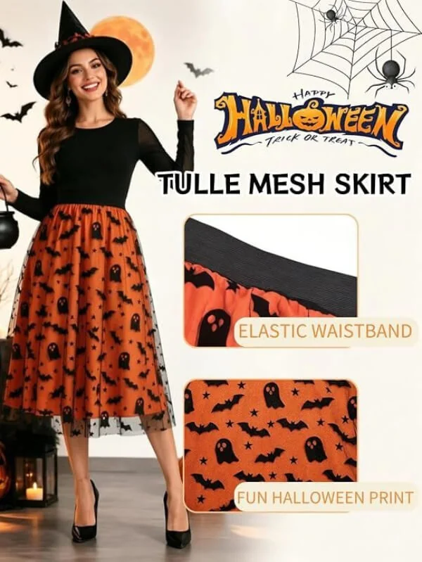 Halloween Flocked Print Tulle Womens Midi Skirt