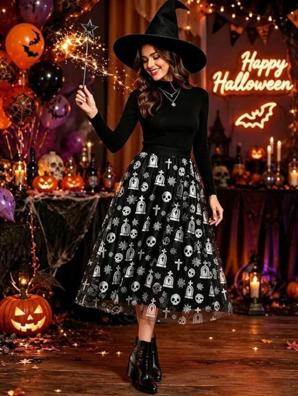 Halloween Flocked Print Tulle Womens Midi Skirt