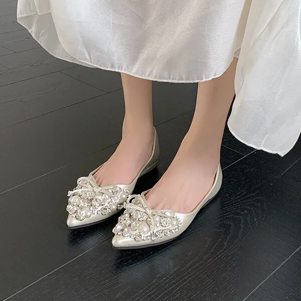 Timeless Classic Microfibre Crystal Pearl Bow Womens Ballet Flats