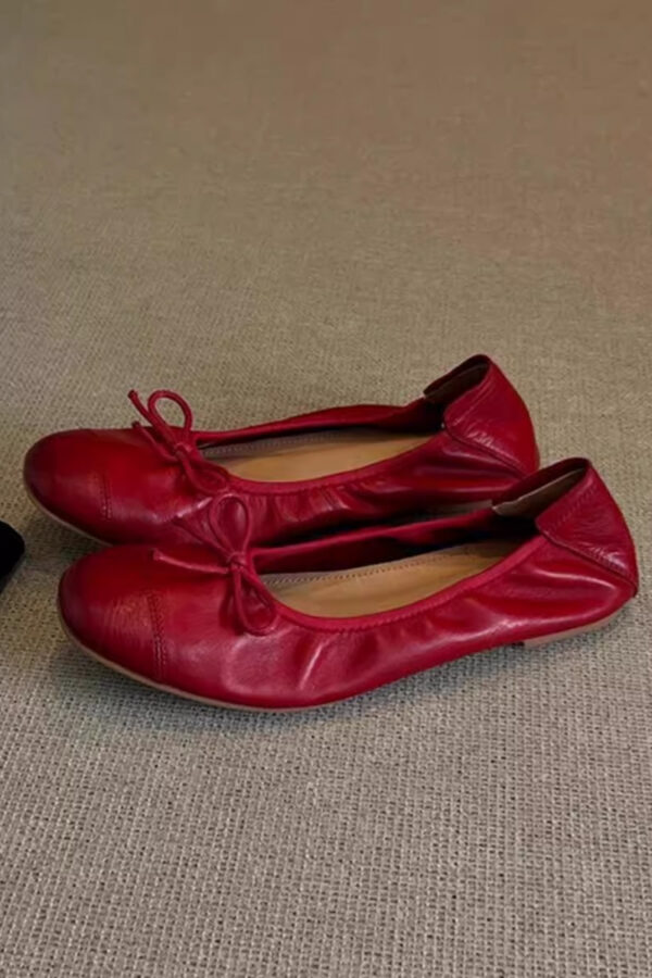 Casual Chic Soft Washed Leather Womens Bow Square Toe Ballet Flats