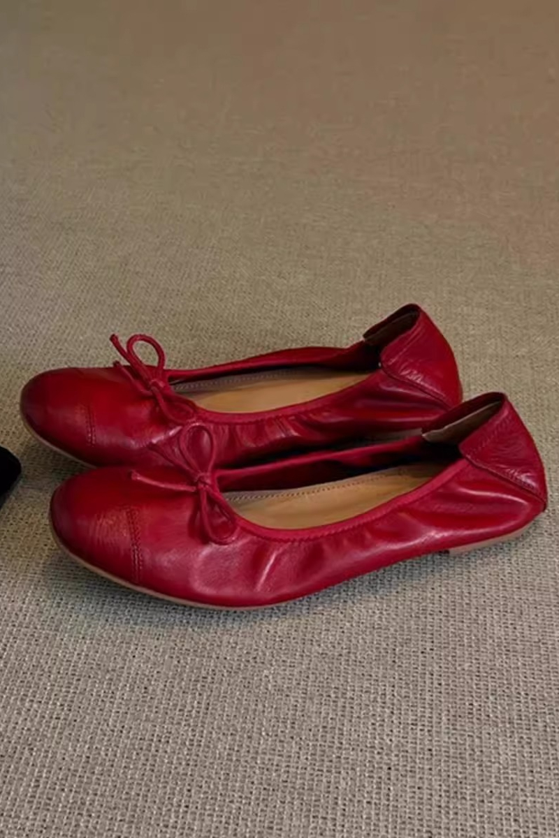 Casual Chic Soft Washed Leather Womens Bow Square Toe Ballet Flats