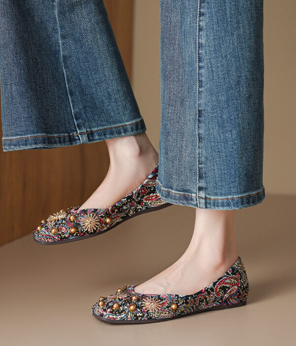 Romantic Bohemian Beaded Satin Womens Square Toe Flats