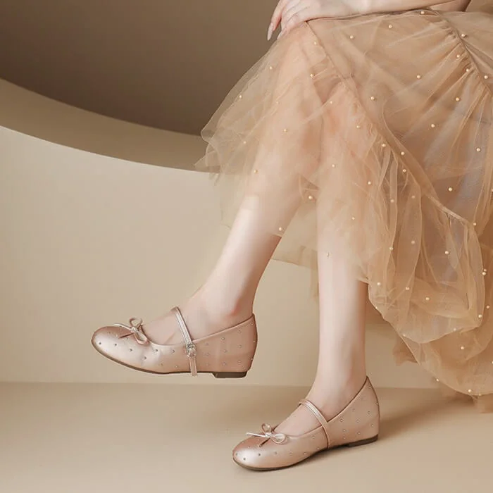French Chic Satin Crystal Studded Bow Womens Mary Jane Ballet Flats