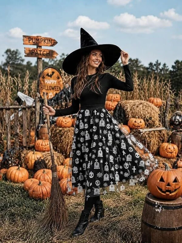 Halloween Flocked Print Tulle Womens Midi Skirt