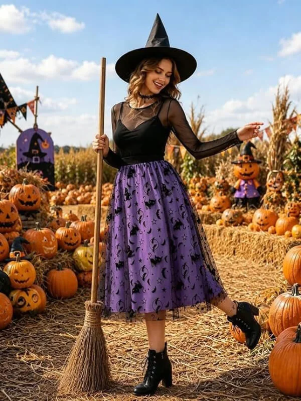 Halloween Flocked Print Tulle Womens Midi Skirt