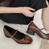 Timeless Classic Sheepskin Leather Womens Bow Block Heel Mary Janes