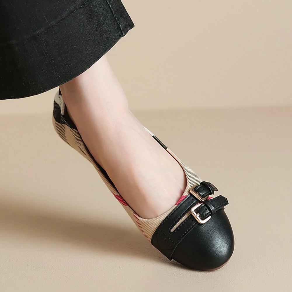 French Riviera Check Buckled Cap Toe Womens Slip On Ballet Pumps