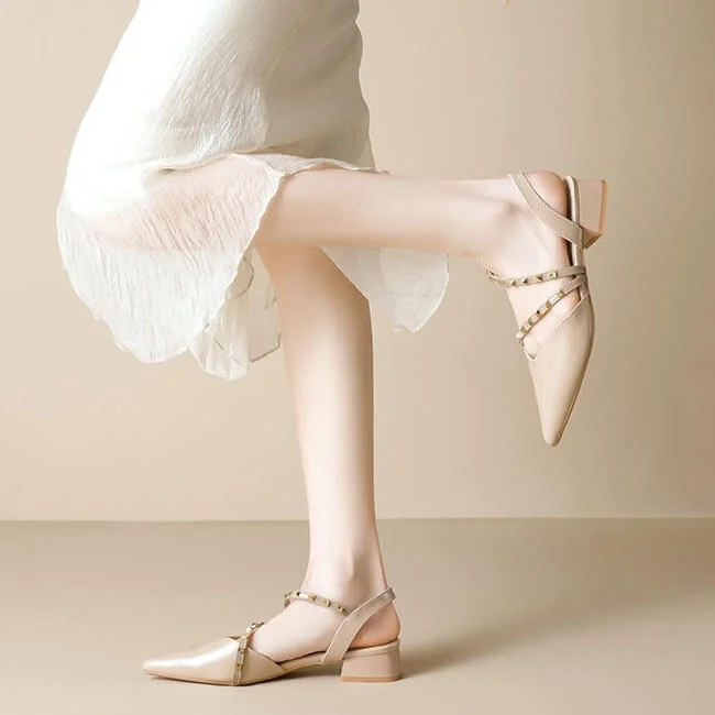 Casual Chic Studded Microfibre Womens Pointed Toe Block Heel Slingback
