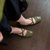 Classic Crinkled Lambskin Womens Square Toe Cross Strap Ballet Flats