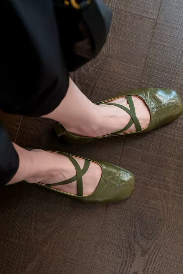 Classic Crinkled Lambskin Womens Square Toe Cross Strap Ballet Flats