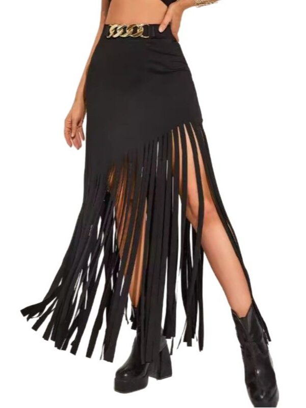 Casual Chic Asymmetric Fringe Womens High Waisted Black Midi Skirt