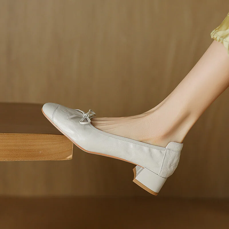 Timeless Classic Waxed Lambskin Bow Square Toe Womens Ballet Pumps