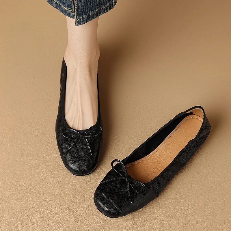 Timeless Classic Waxed Lambskin Bow Square Toe Womens Ballet Pumps