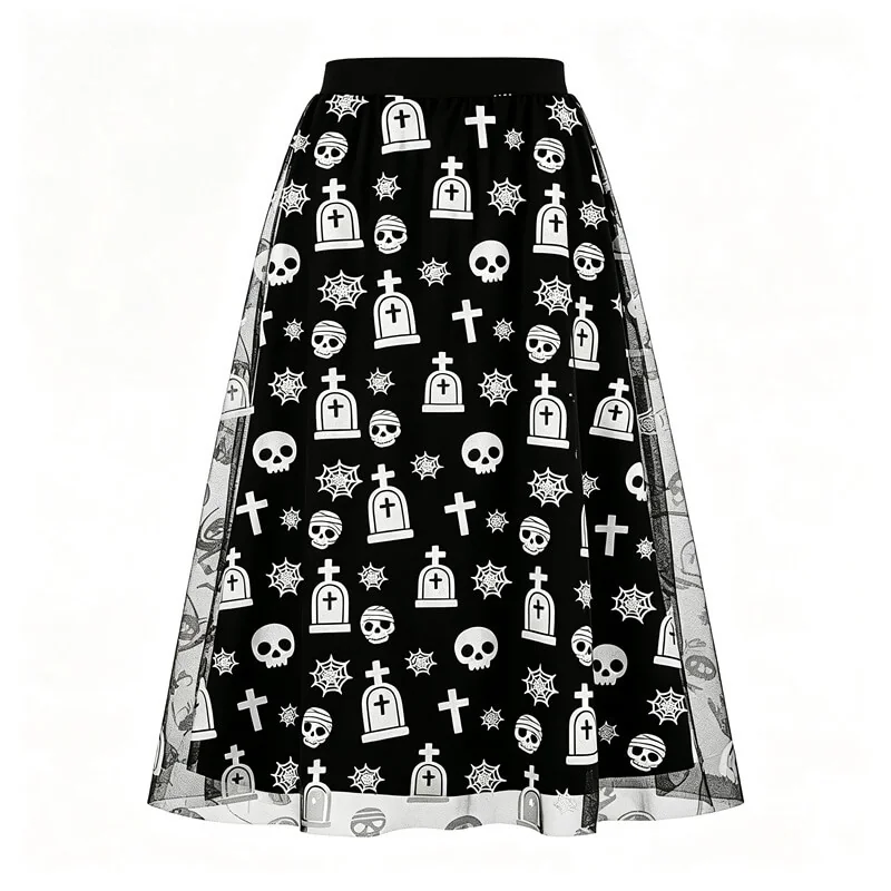 Halloween Flocked Print Tulle Womens Midi Skirt