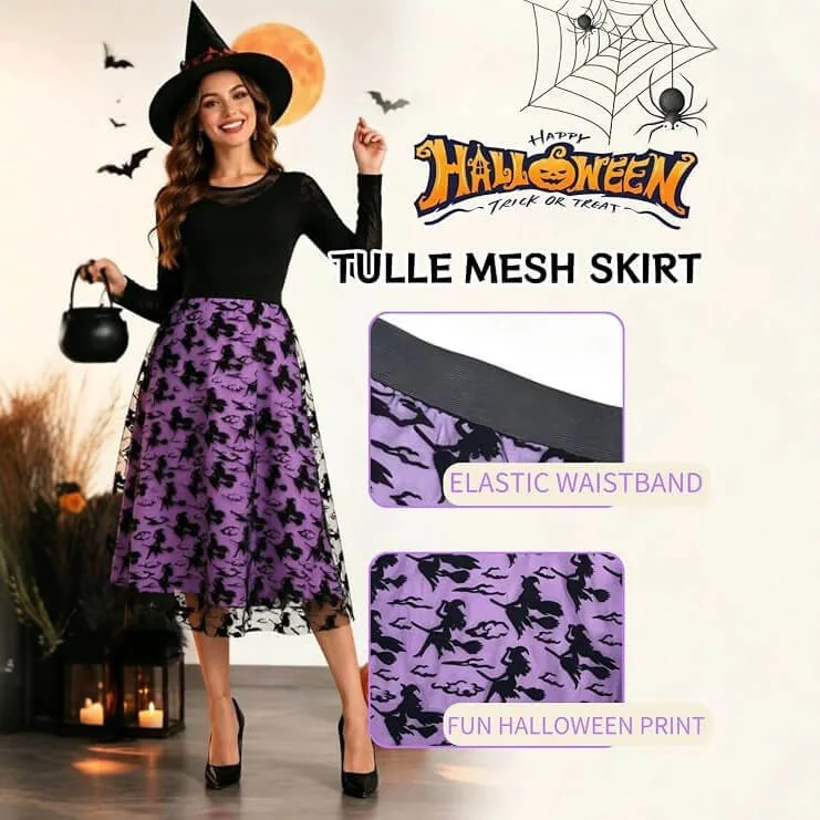 Halloween Flocked Print Tulle Womens Midi Skirt