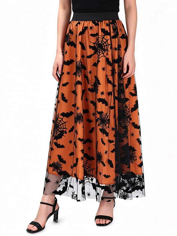 Halloween Party Flocked Mesh Womens Elastic Waist A Line Midi Skirt