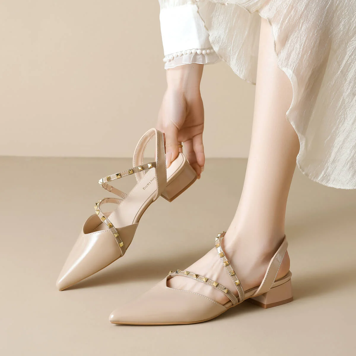 Casual Chic Studded Microfibre Womens Pointed Toe Block Heel Slingback